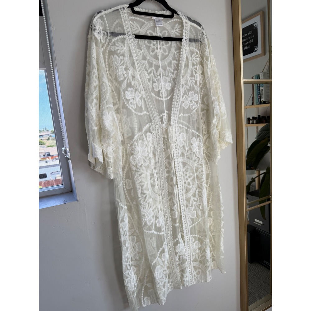 Boho Embroidered Sheer Lace Kimono Duster Festival Beach Coverup One Size